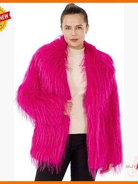 Fluffy Faux Fur Coat with Belt & Pockets Open Front Cardigan Jacket